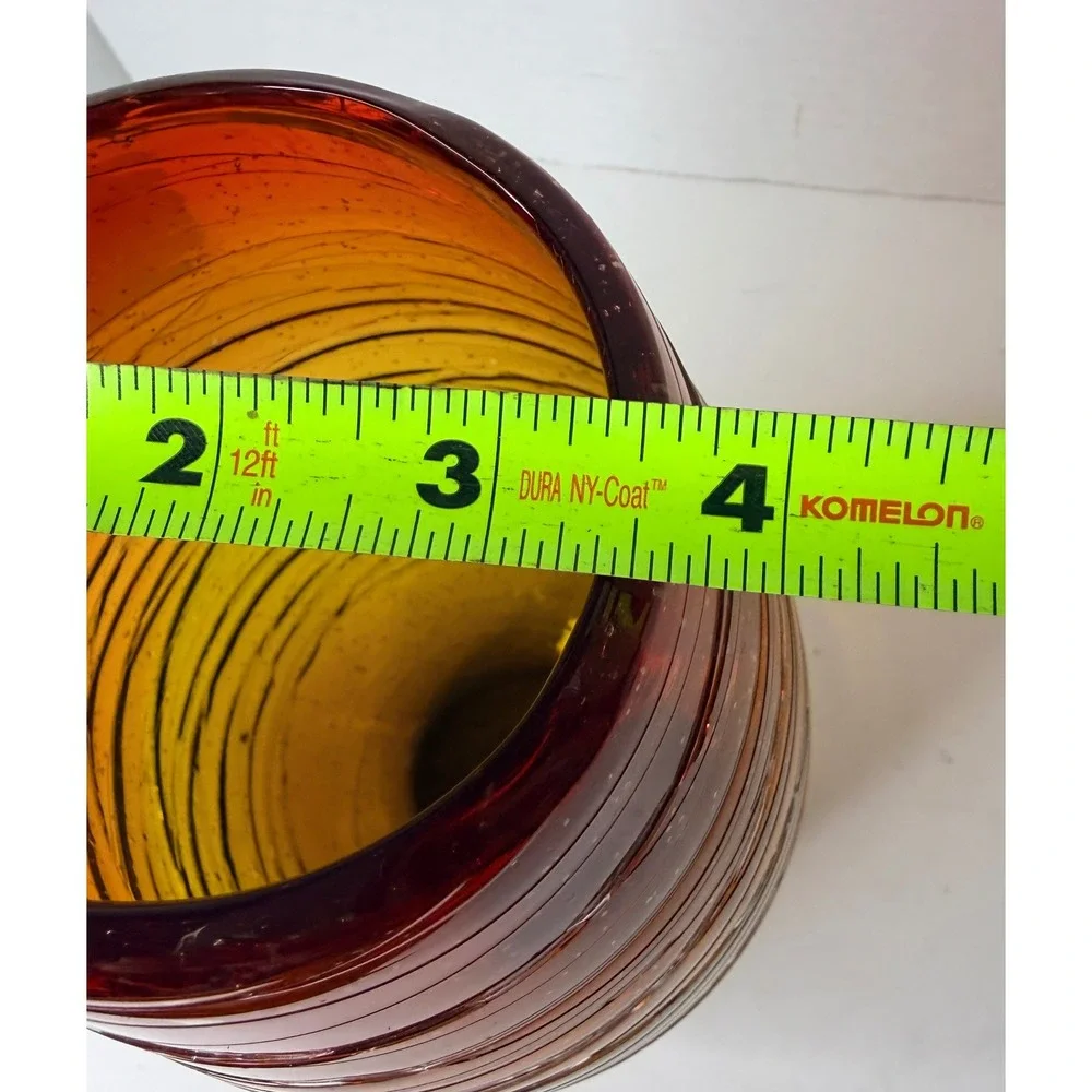 Hand Blown Art Glass Vase Red Amber Ombre Textured Spiral Threading 9.5